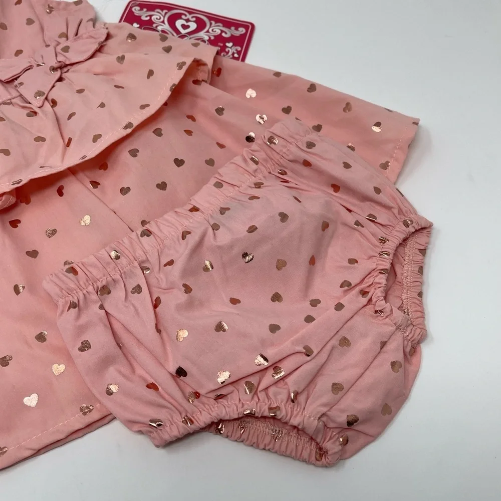 REAL LOVE PINK SHINY HEARTS DRESS & BLOOMERS RUFFLE & BOW SZ 12 MONTHS - Picture 8 of 11